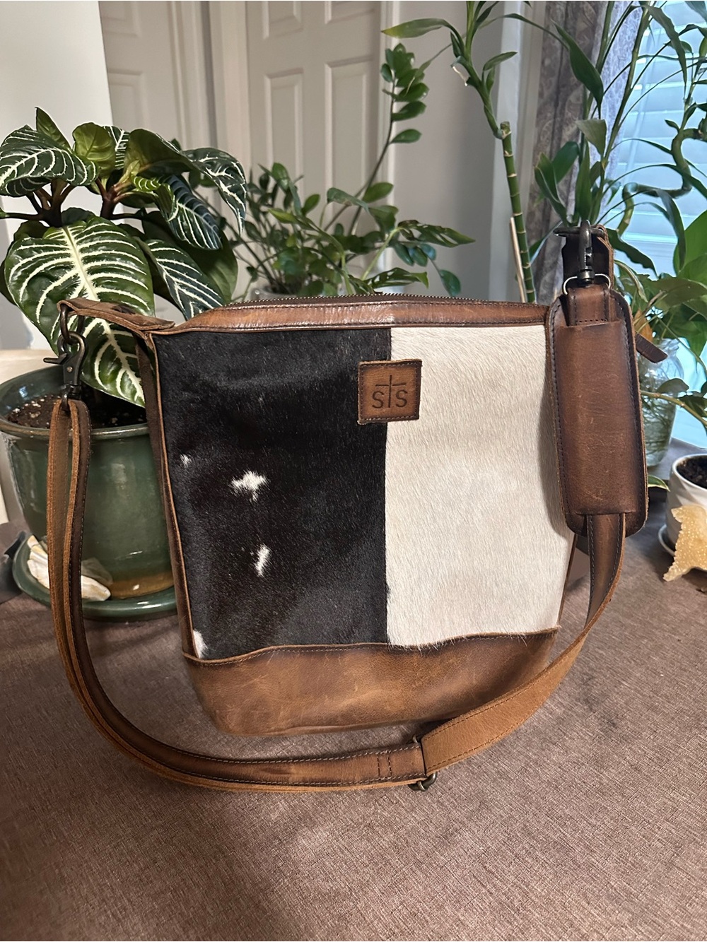 STS Brown Leather Crossbody with Black & White Haircalf Panel